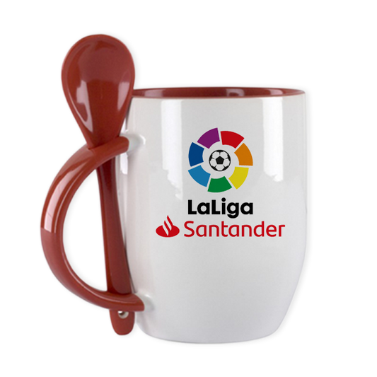Taza con cuchara roja. Para regalos empresariales se puede personalizar con un logo.