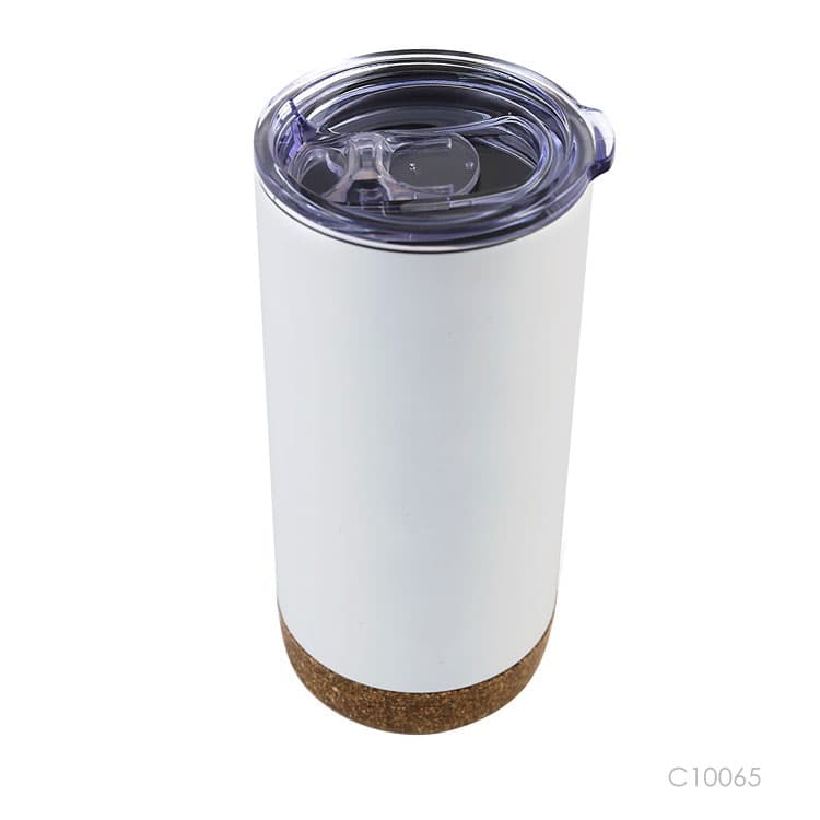 Vaso_termico con base_de_corcho, tapa transparente. Para regalos para empresas se puede personalizar con un logo utilizando grabado láser.