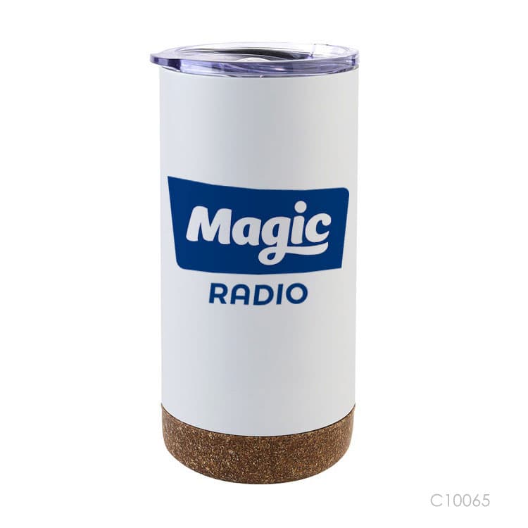 Vaso_termico con base_de_corcho, tapa transparente. Para regalos para empresas se puede personalizar con un logo utilizando grabado láser.