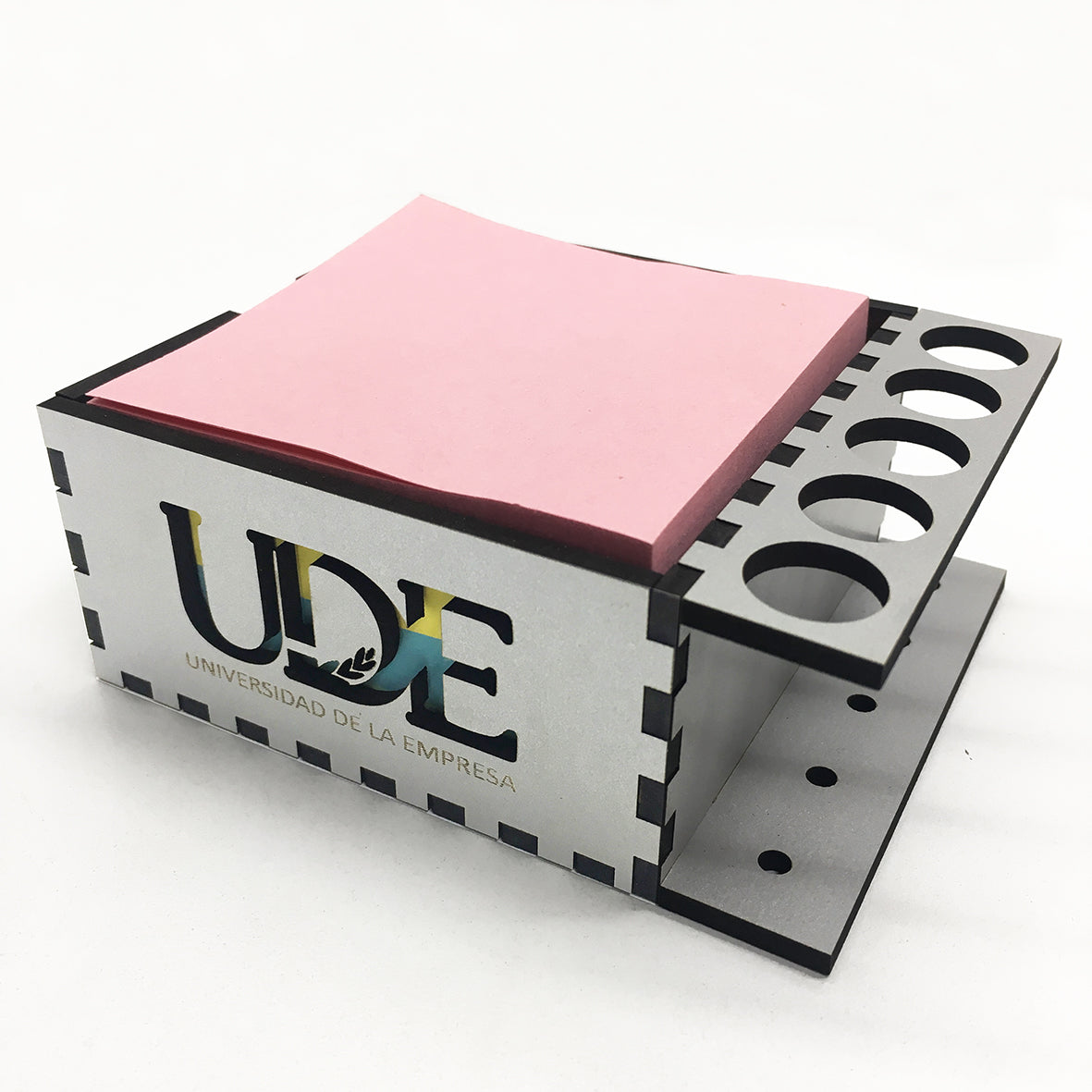 Block Lapicero Opal de color blanco. Con logo personalizado calado, regalo empresarial.