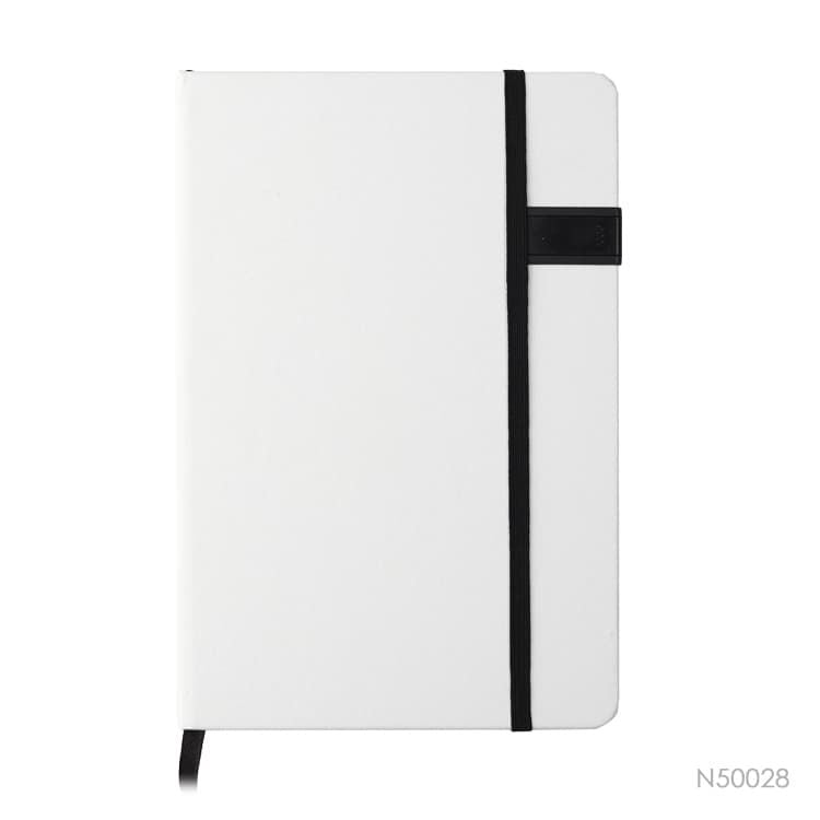 Cuaderno Seúl de color blanco con elástico negro. Logo personalizado, regalo empresarial.