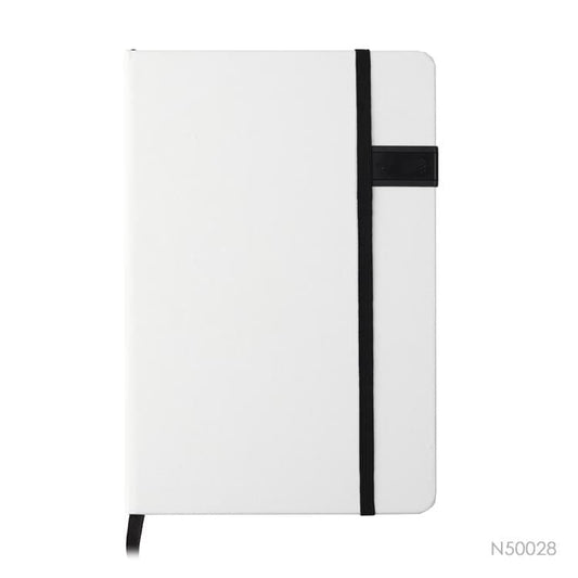 Cuaderno Seúl de color blanco con elástico negro. Logo personalizado, regalo empresarial.