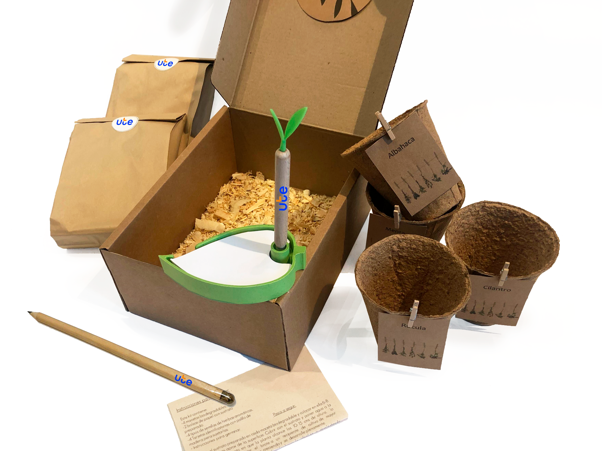 Kit biodegradable con logo impreso personalizado, macetas, lápiz, lapicera. Regalo personalizado.