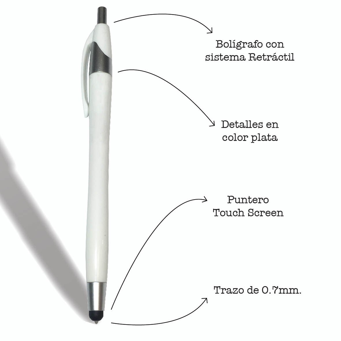 Lapicera personalizada blanca con puntero touch screen. Logo personalizado, regalo corporativo.