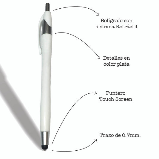 Lapicera personalizada blanca con puntero touch screen. Logo personalizado, regalo corporativo.
