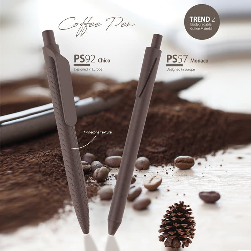 Lapicera Savia, basada en elementos naturales como el café. Logo personalizado, regalo corporativo.