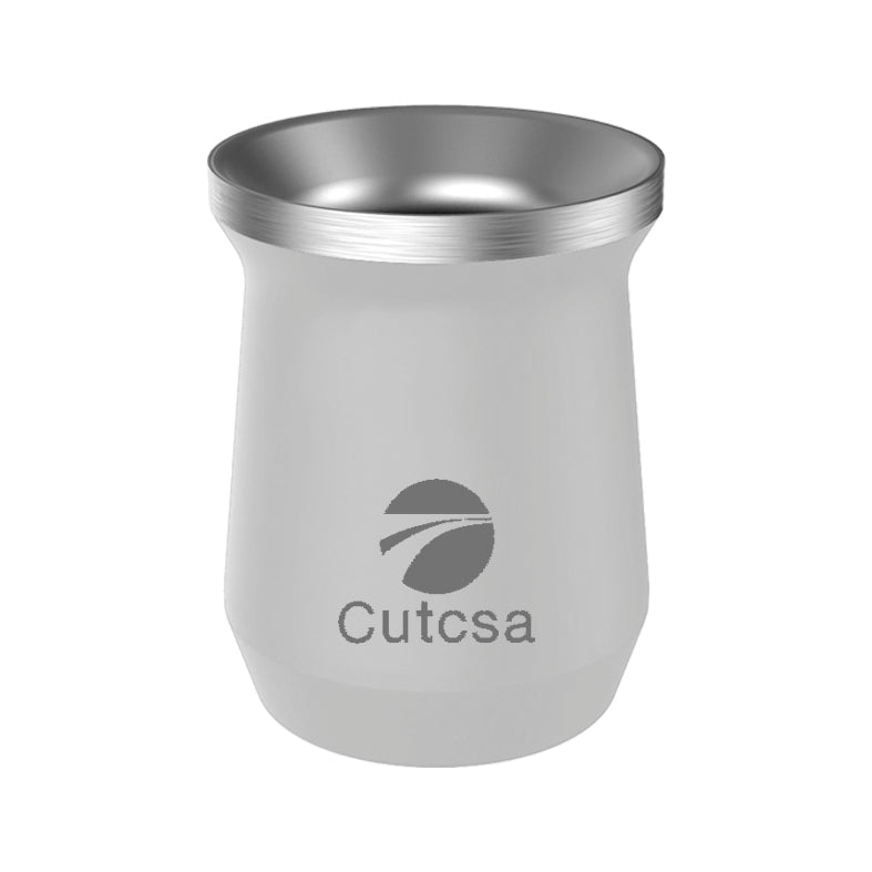 Mate de acero inoxidable color gris. Logo personalizado, regalo corporativo.