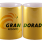 Taza metalizada de color dorada. Logo personalizado, regalo empresarial.