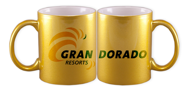 Taza metalizada de color dorada. Logo personalizado, regalo empresarial.