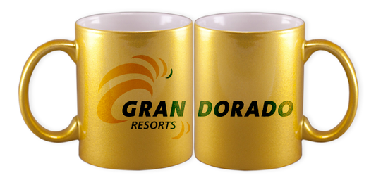 Taza metalizada de color dorada. Logo personalizado, regalo empresarial.