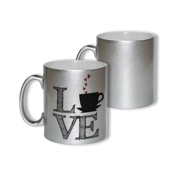 Taza metalizada de color plateada. Logo personalizado, regalo empresarial.